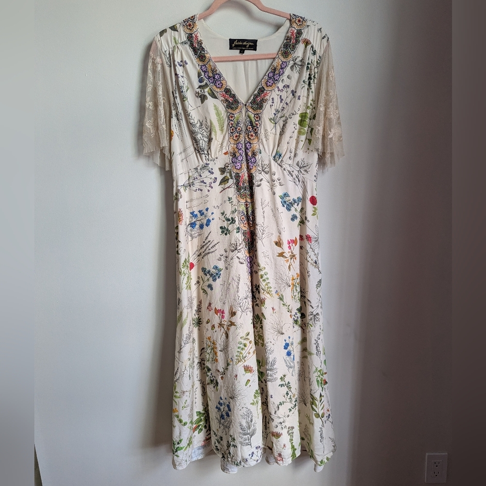 ANTHROPOLOGIE Cream Donna Indian Floral Leaves Bohemian Midi Dress Size Large - Picture 3 of 15